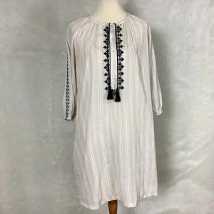 Garnet Hill Beige, White Stripe Black Embroidery Cotton Gauze Popover Dress 10